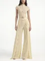 Full body view of an elegant pale yellow lace jumpsuit featuring a waist cutout and wide-leg design - XL / Top And Bottom / Light Yellow