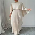 Elegant cream two-piece set with batwing cape top and pleated maxi skirt for women - S / Top And Bottom / Off White