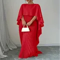 Elegant red pleated two-piece dress set featuring a loose cape top and long skirt - S / Top And Bottom / Red