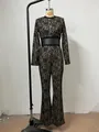 Combinaison élégante en dentelle florale noire avec ceinture et jambes évasées pour femme - S / Haut Et Bas / Avec ceinture / Noir