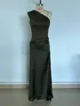 Detailed view of dark olive one-shoulder pleated satin maxi dress with a sleek bodycon fit - XS / Dresses / Green