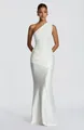 Elegant one-shoulder ruched white satin maxi dress with a flattering slim fit for formal events - XS / Dresses / White