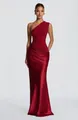 Elegant burgundy one-shoulder ruched satin evening gown detail with slim fit design - XS / Dresses / Red
