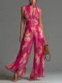 Elegant pink floral pleated halter neck jumpsuit with a front zipper and wide leg design for women - XS / Jumpsuits / Red