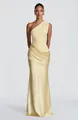 Elegant pale yellow one-shoulder satin ruched maxi dress for formal evening events - XS / Dresses / Yellow
