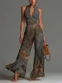 Vintage mixed pattern halter neck sleeveless wide leg jumpsuit with front zipper - Navy Blue