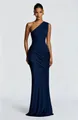 Elegant navy blue one-shoulder pleated satin maxi dress with slim fit draping details - XS / Dresses / Navy Blue