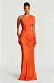 Detailed view showing the elegant draping and vibrant color of the orange satin gown - XS / Dresses / Orange