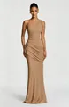 Elegant one-shoulder pleated satin maxi dress in camel shown in a detailed studio shot - XS / Dresses / Khaki