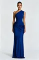 Elegant cobalt blue one-shoulder pleated satin maxi dress with a slim-fit silhouette - XS / Dresses / Sapphire Blue