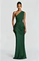 Elegant dark green one-shoulder draped satin bodycon maxi dress showing exquisite pleated detail - XS / Dresses / Dark Green