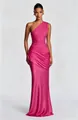 Elegant one-shoulder pleated fuchsia satin floor-length evening gown with draped detail - XS / Dresses / Rose Red