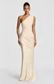 Elegant cream satin one-shoulder maxi dress with ruched details and draped skirt - XS / Dresses / Apricot