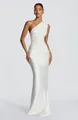 Elegant white one-shoulder ruched satin slim fit floor-length formal evening gown - XS / Dresses / White
