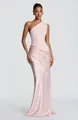 Elegant light pink one-shoulder satin draped maxi dress for formal events - XS / Dresses / Pink