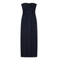 Detail view of a strapless dark blue denim midi dress with contrast stitching - XS / Dresses / Dark Blue