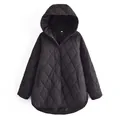 Front view of a classic black quilted hooded jacket with diamond patterns and buttons - XS / Tops / Black