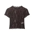 Close-up detail of dark brown vintage floral lace fabric on short sleeve top - XS / Tops / Coffee