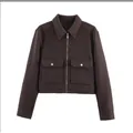 Elegant dark brown tweed cropped jacket for women with zipper and chest pockets detail - Dark Brown