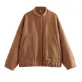 Brown textured standing collar jacket with large pockets and minimalist design style - Caramel color
