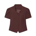 Front view of professional women's short sleeve blazer with lace trim and buttons - Brown