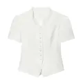 Front view of a white short-sleeved blazer with lace neckline and buttons - S / Tops / White
