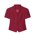 Front view of a burgundy short-sleeved blazer with stand collar and covered buttons - S / Tops / Burgundy