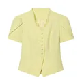 Close-up of yellow short-sleeve blazer featuring delicate lace trim and puff sleeves - S / Tops / Yellow