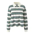 Retro striped long sleeve polo shirt for women with cream, green and navy bands - S / Tops / Cream Navy Green Stripe