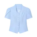 Close-up of a light blue short-sleeved blazer featuring lace collar detail and covered buttons. - S / Tops / Blue