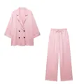 Elegantes rosa Zweiteiler-Set mit Crinkle-Stoff-Blazer und passender Kordelzug-Hose - XS / Oberteil Und Unterteil / Rosa