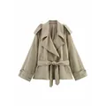 Classic khaki double-breasted trench coat with waist belt and wide lapels - S / Tops / Khaki