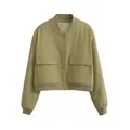 Stylish olive green women's cropped bomber jacket with stand collar and large pockets. - S / Tops / Olive Green