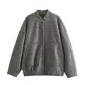 Elegant dark gray textured jacket with stand collar and large front pockets for women - S / Tops / Dark Gray