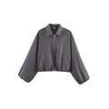 Chaqueta corta gris oscuro para mujer con cuello camisero y mangas abullonadas modernas - Gris oscuro