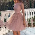 Elegant dusty pink sparkling long sleeve cocktail party dress with flared mini skirt - S / Dresses / Pink