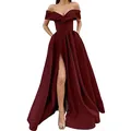 Elegantes weinrotes schulterfreies Satin-Abendkleid mit hohem Schlitz und tiefem V-Ausschnitt - Burgunderrot