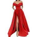 Professional detail view of a vibrant red off-the-shoulder satin evening gown with high slit. - S / Dresses / Red