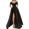 Elegant black off-the-shoulder satin evening gown featuring a high slit for women. - S / Dresses / Black
