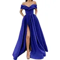 Elegantes königsblaues schulterfreies Abendkleid aus Satin mit hohem Beinschlitz - Dunkelblau