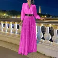 Elegantes rosa Set aus V-Ausschnitt Langarmhemd und funkelnden Pailletten-Hosen mit weitem Bein - XL / Oberteil Und Unterteil / Rosarot mit Gürtel