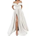 Elegante off-shoulder ivoren satijnen avondjurk met diepe V-hals en hoge zijsplit sexy - Broken Wit