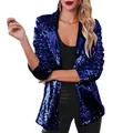 Close-up showing the intricate texture and shine of the blue sequins on this jacket - S / Tops / Navy Blue