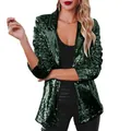 Close-up detail view of dark green sequin blazer showing premium glitter texture and fit - Dark Green