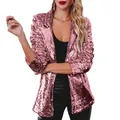 Close-up detail of women's sparkling pink sequined long sleeve blazer for party wear - Pink