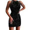 Elegant black sequined halter mini dress with crystal fringe off-shoulder party style - Black