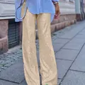 Glamorous champagne gold sequin straight leg trousers for women festive party wear - S / Bottoms / Apricot