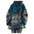 Manteau en laine bleu pour femme avec motif géométrique rétro et fermeture à bascule - Bleu