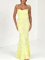 Elegant pale yellow jacquard spaghetti strap floor-length evening gown for social events - S / Dresses / Yellow