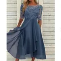 Elegant blue lace and chiffon bridesmaid dress with hollow-out floral embroidery details - S / Dresses / Blue